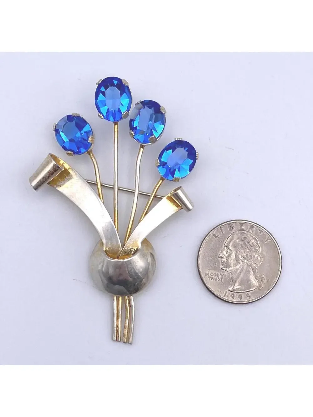 Vintage Gilt Sterling Silver & Cobalt Blue Glass Flower Brooch, Signed STERLING.